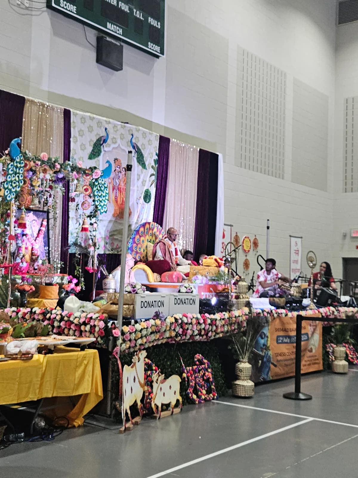The decorated stage and mandap set for the evening's katha