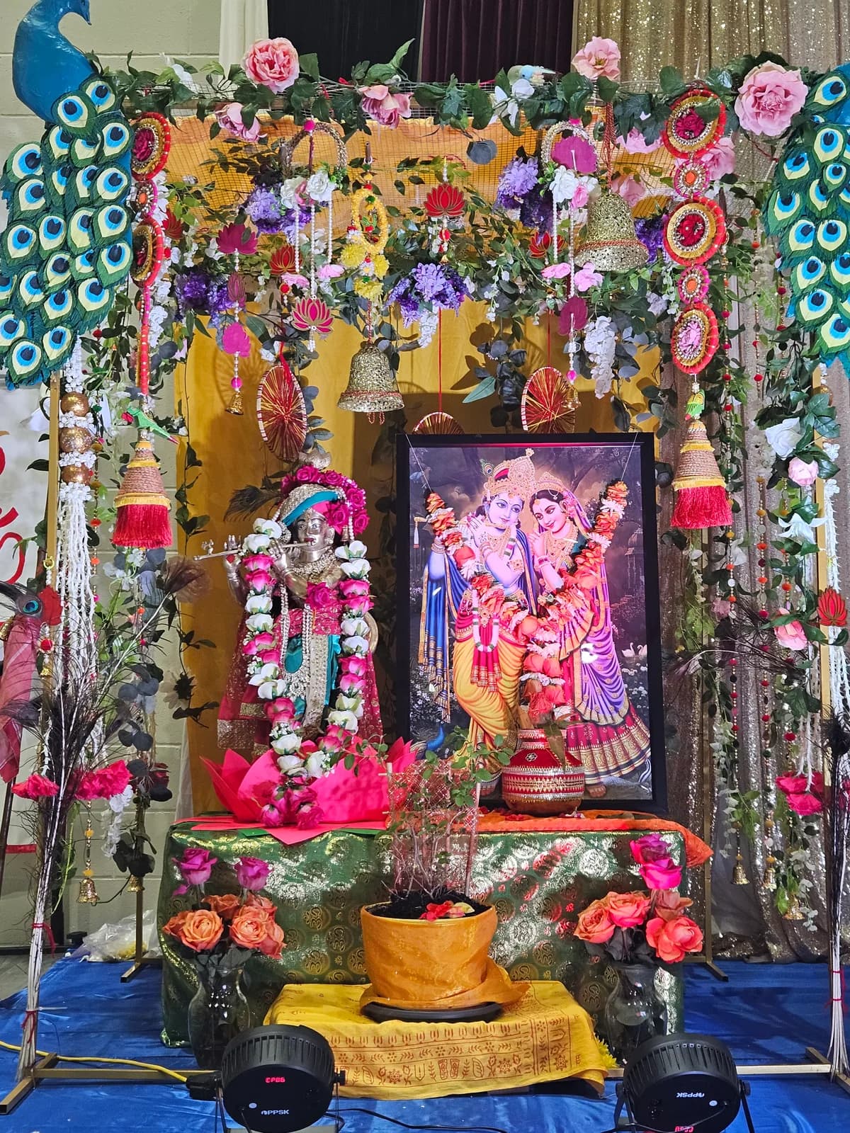 The deities of Radha and Krishna adorned for the evening