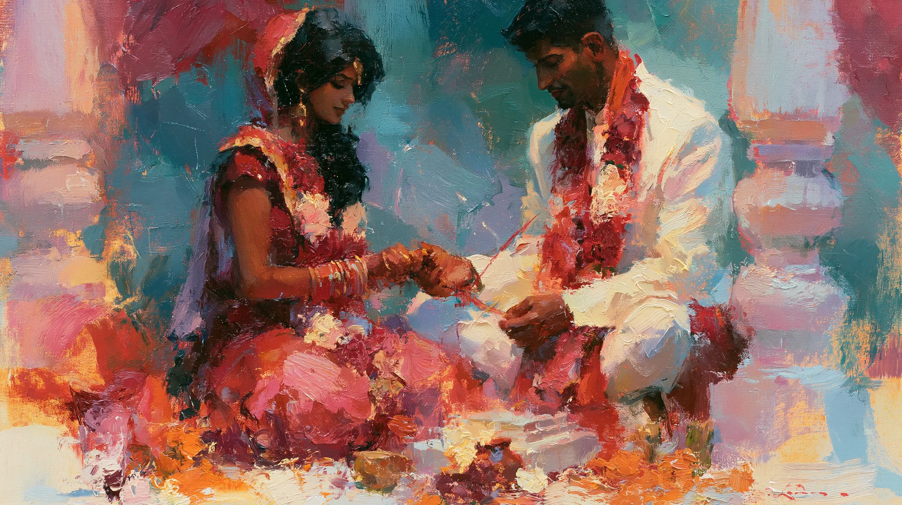 A painting of a Hindu bride and groom in floral garlands during their wedding ceremony