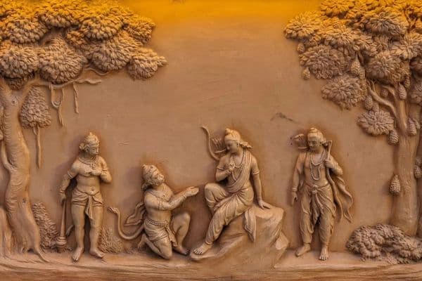 A relief carving of Lord Rama with Lord Hanuman